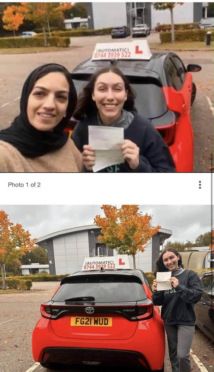 Michelle Sader celebrating a driving test pass with Tehmina at Automatic Driving School Aberdeen