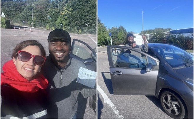 Ebenezer Oyibocha celebrating a driving test pass with Tehmina at Automatic Driving School Aberdeen