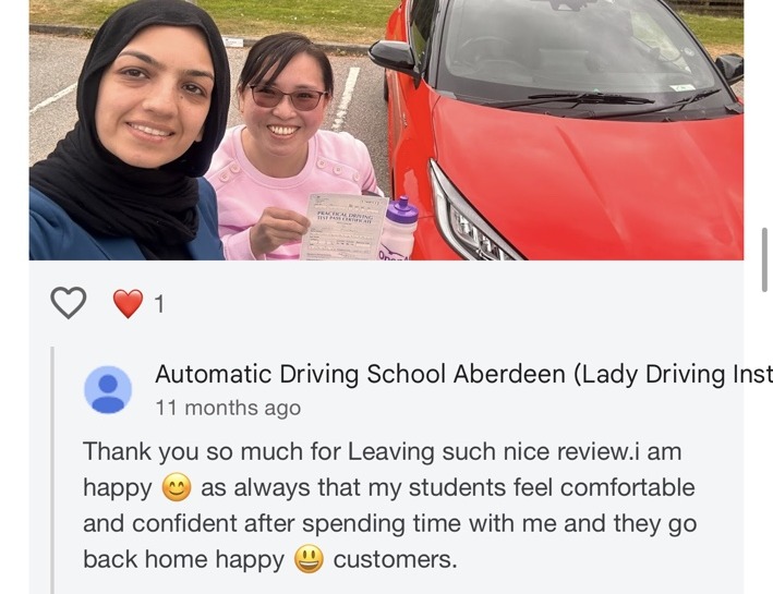Isha Bhukya celebrating a driving test pass with Tehmina at Automatic Driving School Aberdeen
