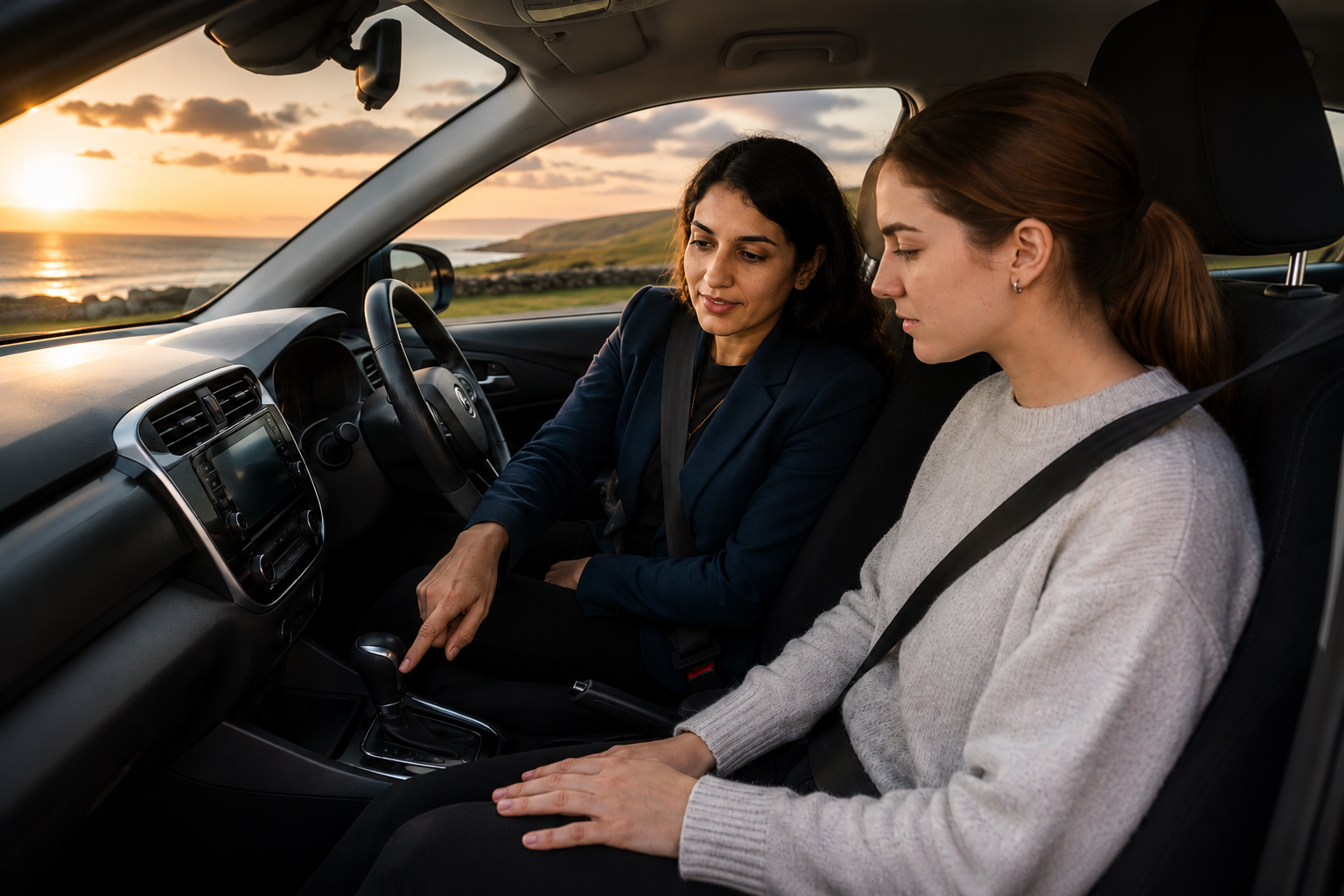 Tehmina explaining the automatic gear selector to a learner during a driving lesson in Aberdeen
