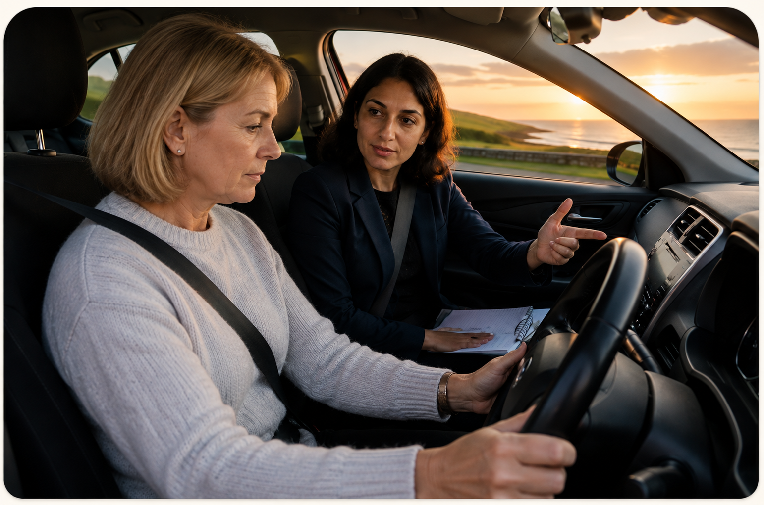 A learner driver at the wheel with Tehmina guiding a refresher driving lesson in Aberdeen