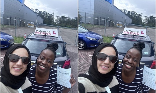 Fina celebrating a driving test pass with Tehmina at Automatic Driving School Aberdeen