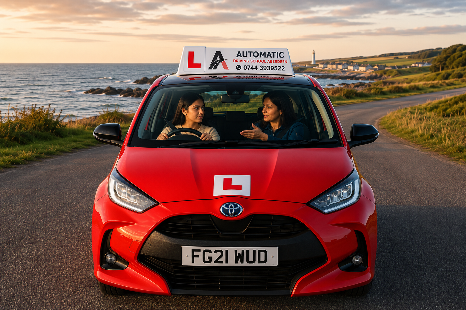 Female automatic driving instructor teaching a learner during a driving lesson in Aberdeen
