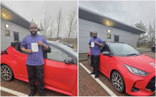 Ekejuba Stanley celebrating a driving test pass with Tehmina at Automatic Driving School Aberdeen