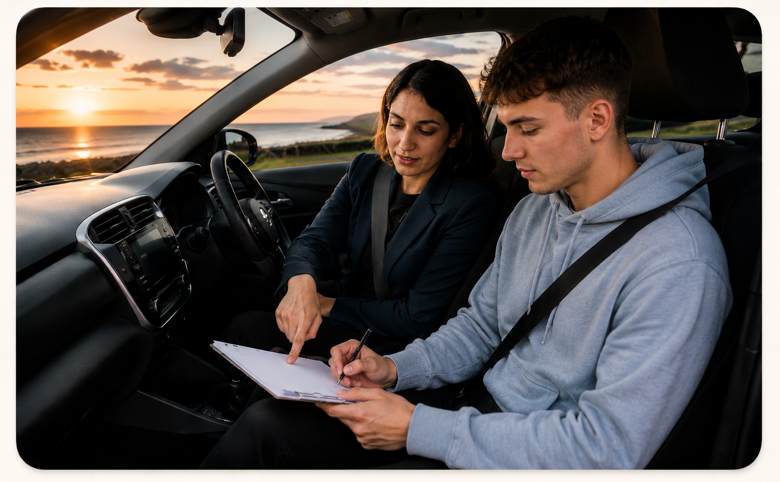 Tehmina calmly talking a nervous learner through her lesson notes in the tuition car